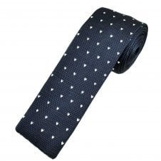Navy Blue & White V Patterned Knitted Skinny Tie