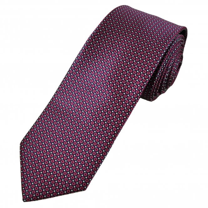Navy Blue with Magenta Pink Circles & Silver Micro Squares Pattern Men's Tie
