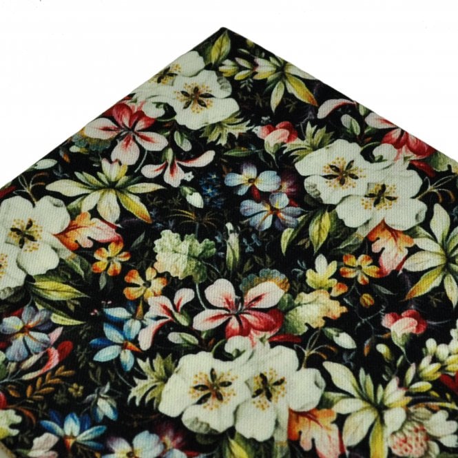 Navy Blue with Multi Coloured Flowers Pattern Wool Pocket Square Handkerchief by Profuomo