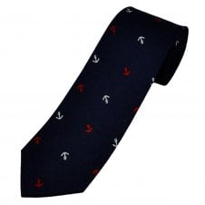Navy Blue with White and Red Anchors Cotton Men's Tie