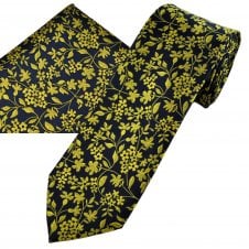 Navy Blue & Yellow Flower Pattern Men's Tie & Hanky Set
