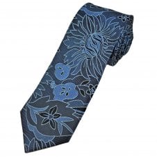 Navy, Denim Blue & Black Floral Pattern Men's Silk Tie