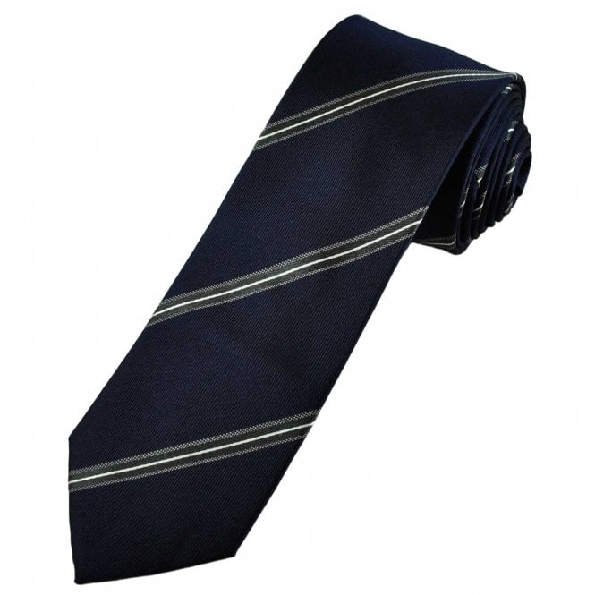 Navy, Grey & White Striped Luxury Silk Men's Narrow Tie