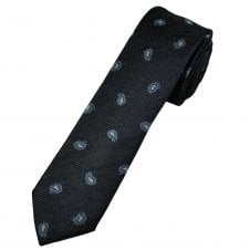 Navy, Khaki, Light Blue & Silver Paisley Pattern Luxury Silk Men's Skinny Tie