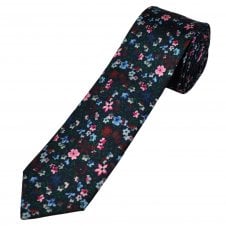 Navy, Light Blue, Pink, Red, Green & Grey Flower Pattern Men's Luxury Silk Skinny Tie