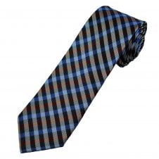 Navy, Light Blue, Wine Red & Silver White Checked Men's Silk Narrow Tie