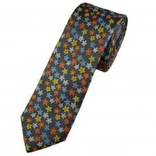 Navy, Orange, Yellow, Sky Blue & Silver  Flower Pattern Men's Silk Skinny Tie