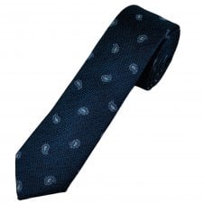 Navy, Petrol, Light Blue & Silver Paisley Pattern Luxury Silk Men's Skinny Tie
