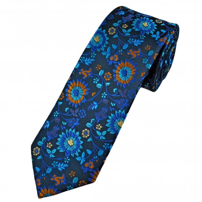 Navy, Shades of Blue & Orange Floral Pattern Men's Tie
