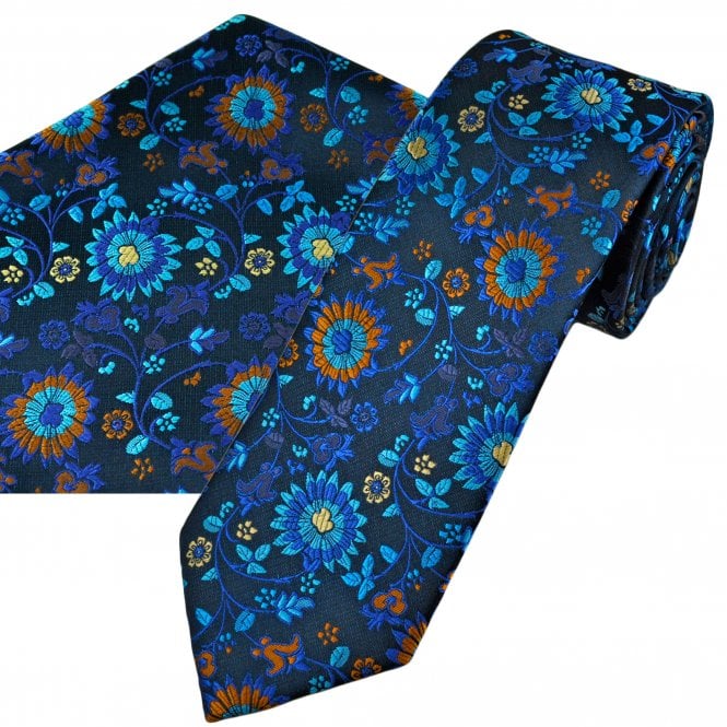 Navy, Shades of Blue & Orange Floral Pattern Men's Tie & Pocket Square Handkerchief Set