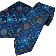 Navy, Shades of Blue & Orange Floral Pattern Men's Tie & Pocket Square Handkerchief Set