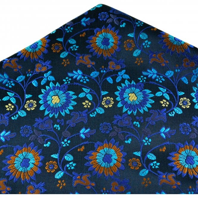Navy, Shades of Blue & Orange Floral Pattern Pocket Square Handkerchief