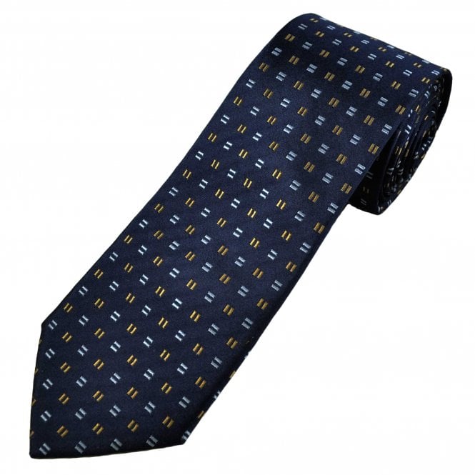 Navy, Silver Blue & Golden Brown Pattern Men's Silk Tie