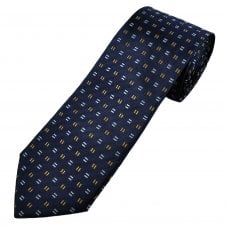 Navy, Silver Blue & Golden Brown Pattern Men's Silk Tie