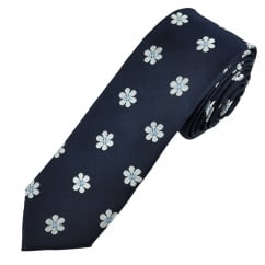 Navy & Silver Flower Patterned Men's Narrow Silk Tie