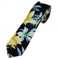 Navy With Yellow, White & Sky Blue Daffodil Flower Patterned Cotton Boys Tie