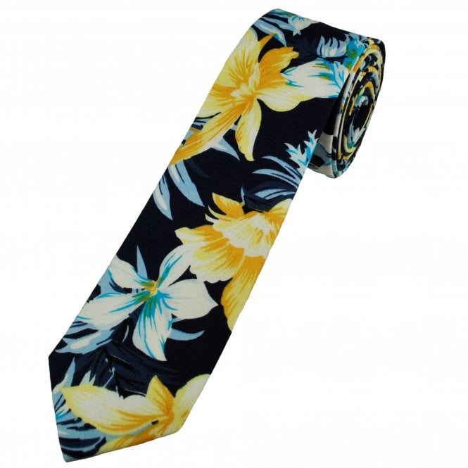 Navy With Yellow, White & Sky Blue Daffodil Flower Patterned Cotton Men's Skinny Tie