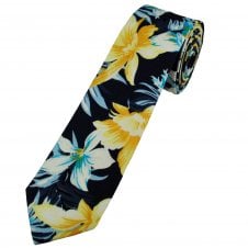 Navy With Yellow, White & Sky Blue Daffodil Flower Patterned Cotton Men's Skinny Tie