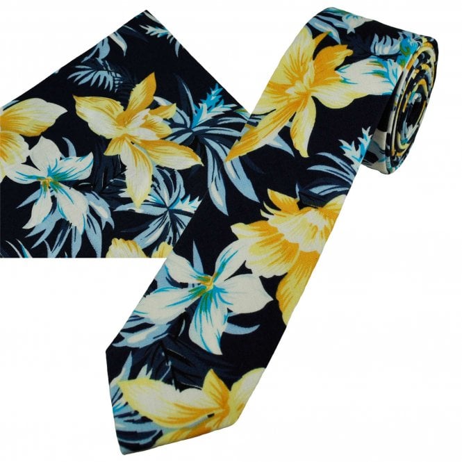 Navy With Yellow, White & Sky Blue Daffodil Flower Patterned Cotton Men's Skinny Tie & Pocket Square Handkerchief Set
