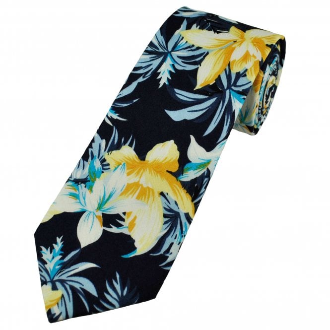 Navy With Yellow, White & Sky Blue Daffodil Flower Patterned Cotton Men's Tie