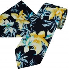Navy With Yellow, White & Sky Blue Daffodil Flower Patterned Cotton Men's Tie & Pocket Square Handkerchief Set