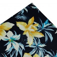 Navy With Yellow, White & Sky Blue Daffodil Flower Patterned Cotton Pocket Square Handkerchief