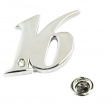 Number 16, 16th Birthday Lapel Pin Badge with Crystal - Rhodium Plated