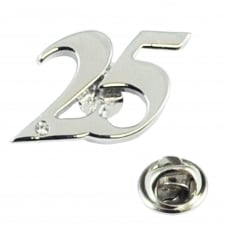 Number 25, 25th Silver Wedding Anniversary Lapel Pin Badge with Crystal - Rhodium Plated