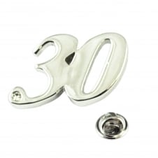 Number 30, 30th Birthday Lapel Pin Badge with Crystal - Rhodium Plated 