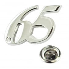 Number 65, 65th Birthday Lapel Pin Badge with Crystal - Rhodium Plated