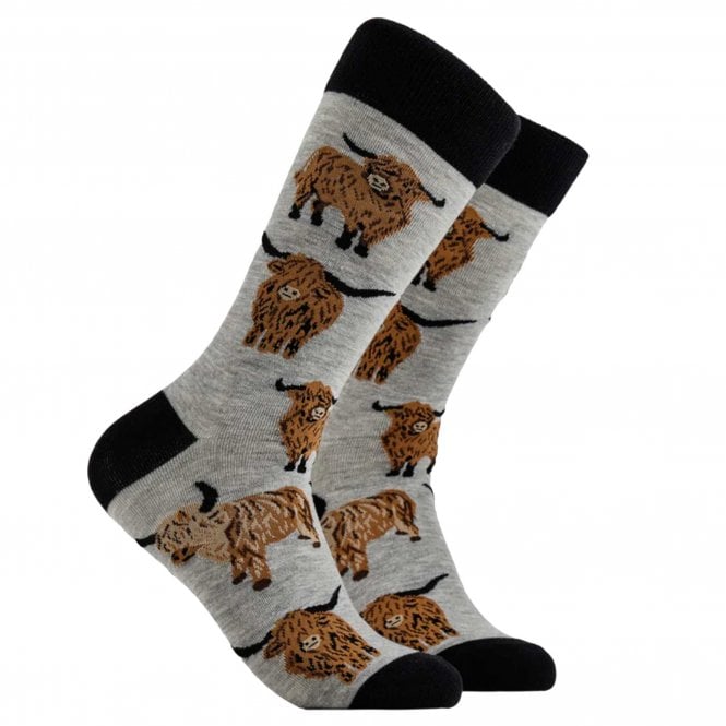 "Och Aye the Moo" Highland Cow Grey Combed Cotton Rich Socks
