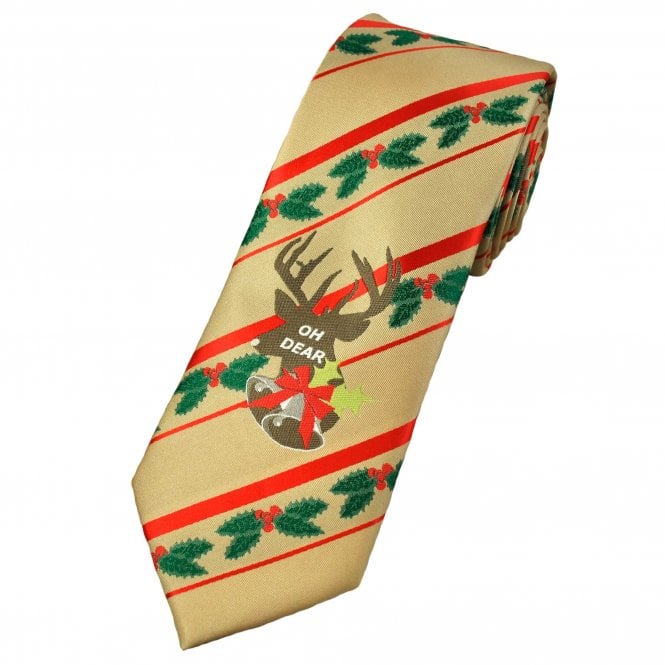 "OH DEAR" Christmas Holly, Reindeer & Bells Beige Novelty Tie - Exclusive Design by Naomi, Aged 15
