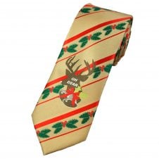 "OH DEAR" Christmas Holly, Reindeer & Bells Beige Novelty Tie - Exclusive Design by Naomi, Aged 15