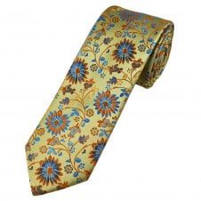 Olive Gold, Rust Orange & Blue Floral Pattern Men's Tie