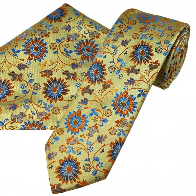 Olive Gold, Rust Orange & Blue Floral Pattern Men's Tie & Pocket Square Handkerchief Set