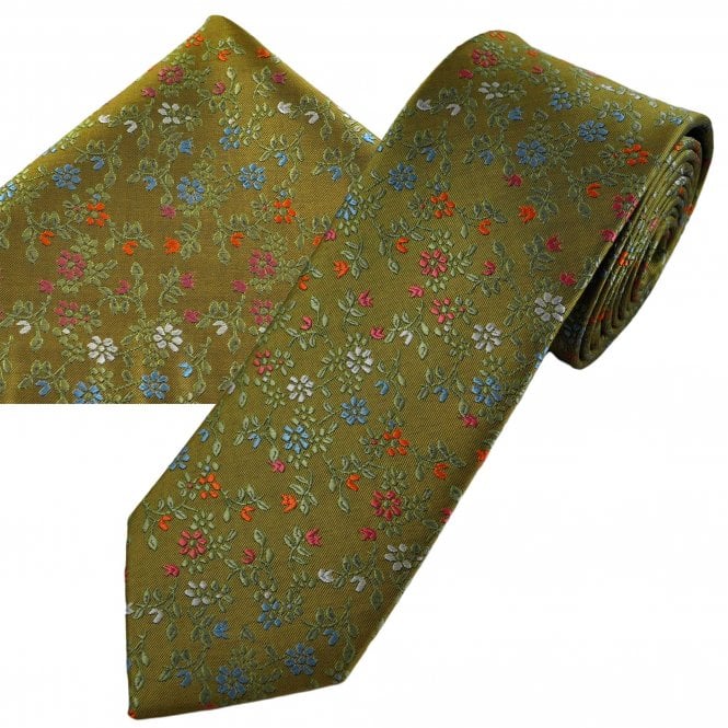 Olive Green, Sage Green, Blue, Orange, Pink & White Flower Pattern Men's Tie & Hanky Set