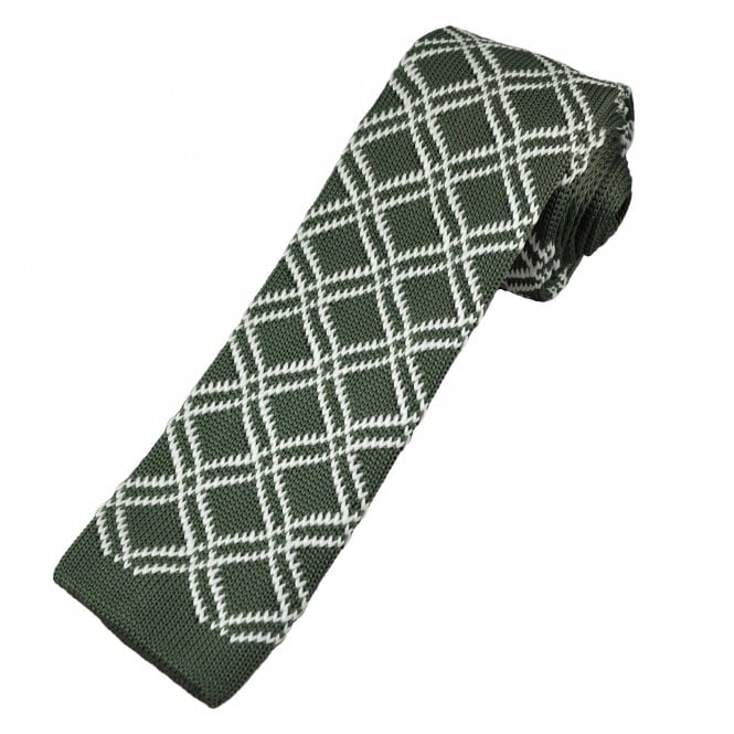 Olive Green & White Checked Men's Knitted Tie