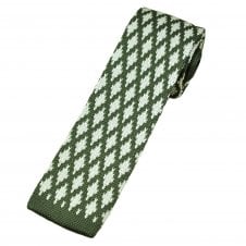 Olive Green & White Diamond Pattern Men's Knitted Tie