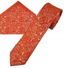 Orange Paisley Pattern Men's Skinny Tie & Pocket Square Handkerchief Set