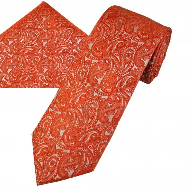 Orange Paisley Pattern Men's Tie & Pocket Square Handkerchief Set