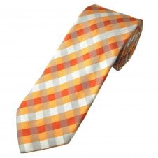 Orange, Tangerine & Silver Check Luxury Silk Men's Tie