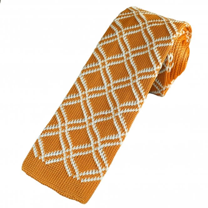 Orange & White Diamond Checked Pattern Men's Knitted Tie