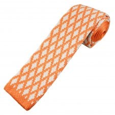 Orange & White Diamond Pattern Men's Knitted Tie