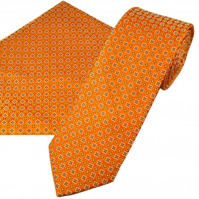 Orange, Yellow, White & Blue Patterned Men's Tie & Pocket Square Handkerchief Set