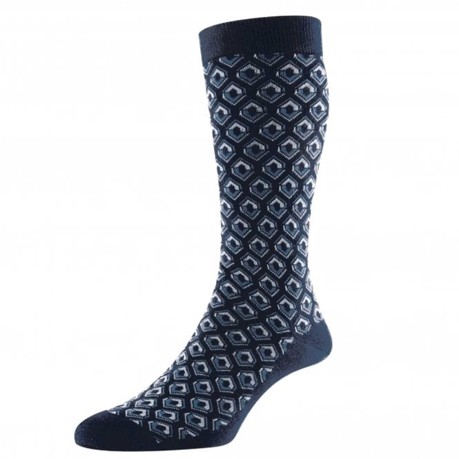 Pantherella Beckford Ocean Blue, Petrol Blue & Grey Pattern Luxury Mercerised Egyptian Cotton Men's Socks