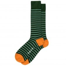 Pantherella "Downe" Bottle Green and Aqua Blue Striped Men's Socks with Cumin Orange Heel and Toe