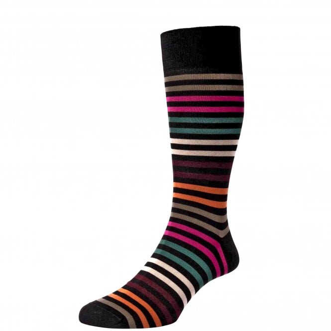 Pantherella Kilburn Black and Colourful Stripe Luxury Mercerised Egyptian Cotton Men's Socks