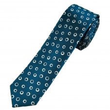 Petrol Blue & White Circle Pattern Men's Silk Skinny Tie
