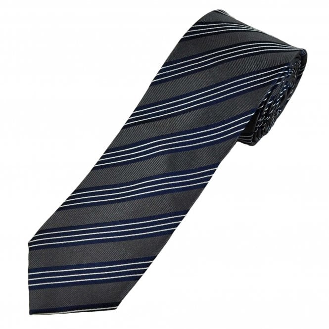 Pewter Grey, Navy Blue & White Stripe Men's Silk Tie
