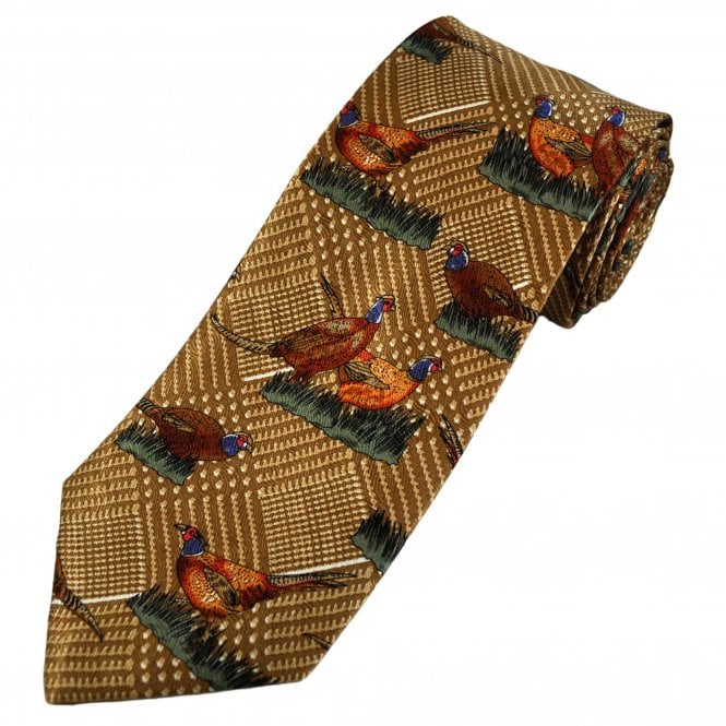 Pheasant Beige Brown Silk Men's Novelty Tie